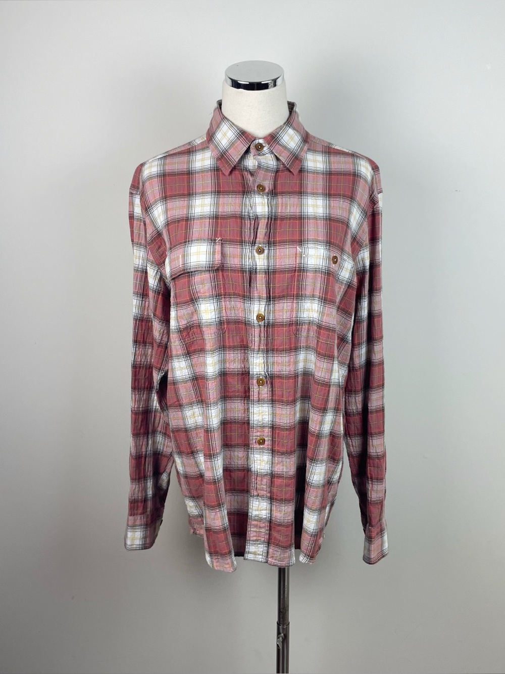Orvis Red White Plaid Crushed Herringbone Collared Button Down Shirt Men Medium